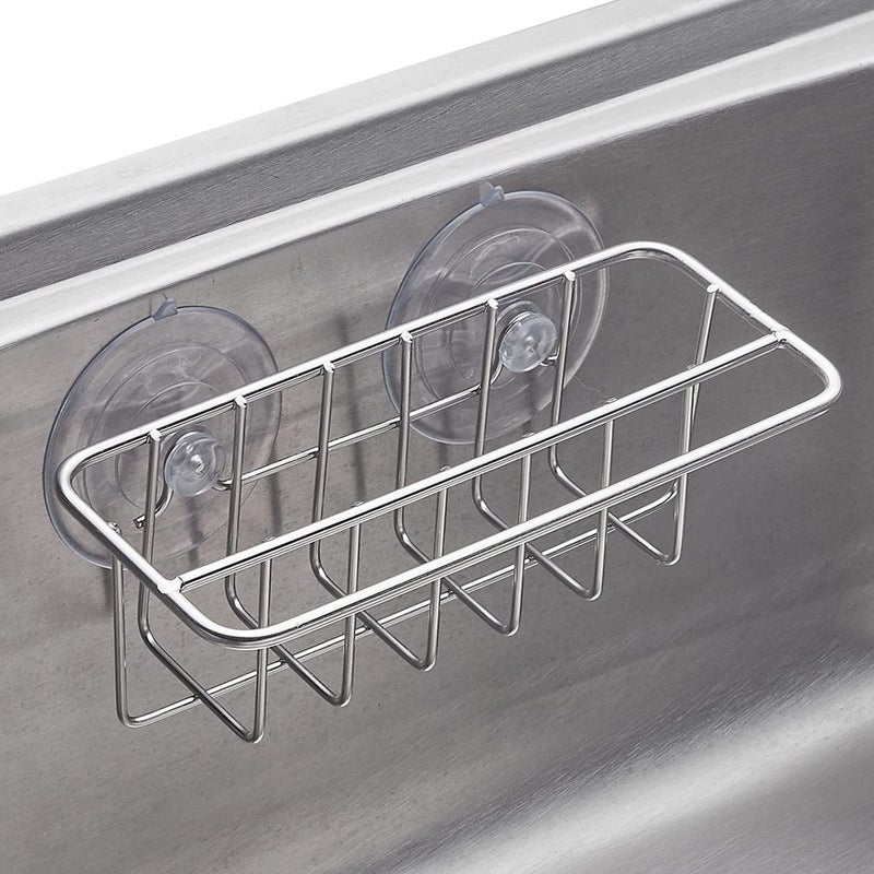 TESOT Sink Caddy Sponge Holder for Kitchen Sink Dish Cloth Hanger 2 Suspension Options(Suction Cups and Adhesive Hook), SUS304 Stainless Steel, Silver - Image 2